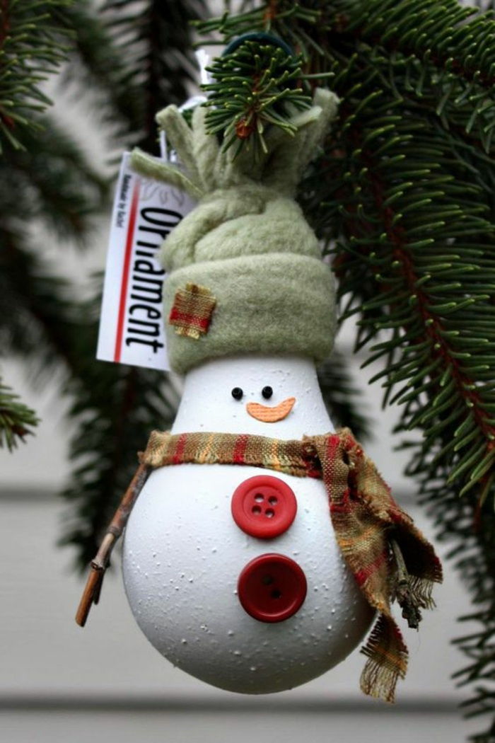 vianočný strom, vianočné dekorácie, snehuliak, červené gombíky, zelená čiapka