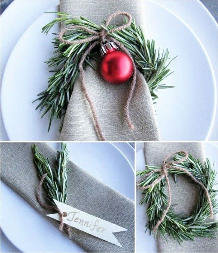 weihnachtsdeko-själv-make-röd-ball-evergreen-grenar grå-servett
