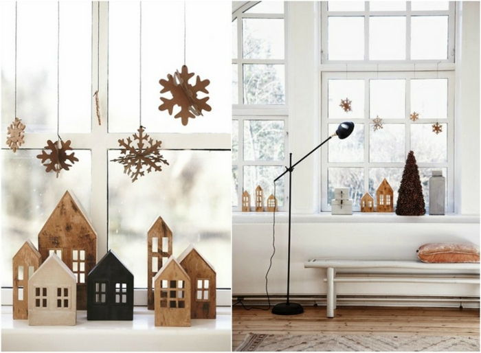 dva obrázky vianočných ozdôb z vlnitej lepenky - domy z kartónu, vločka Firlande kartónu, malé zelené vianočné stromčeky, bez toho aby Vianoce, dom so šikmou strechou, čiernymi stojaca lampa s beweiglichem postaviť lavica s bielymi nohami a bielym sedlom, branes sedákom na bielom gauči, vzor koberec heelenfarben na drevenú podlahu