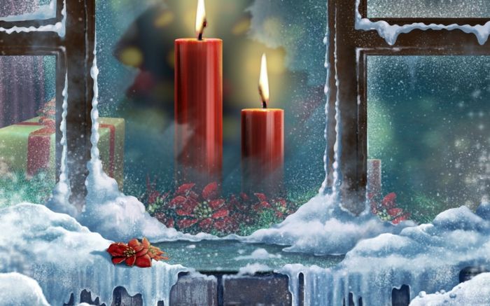 Božični okraski ideje okno Snežne rdeče sveče