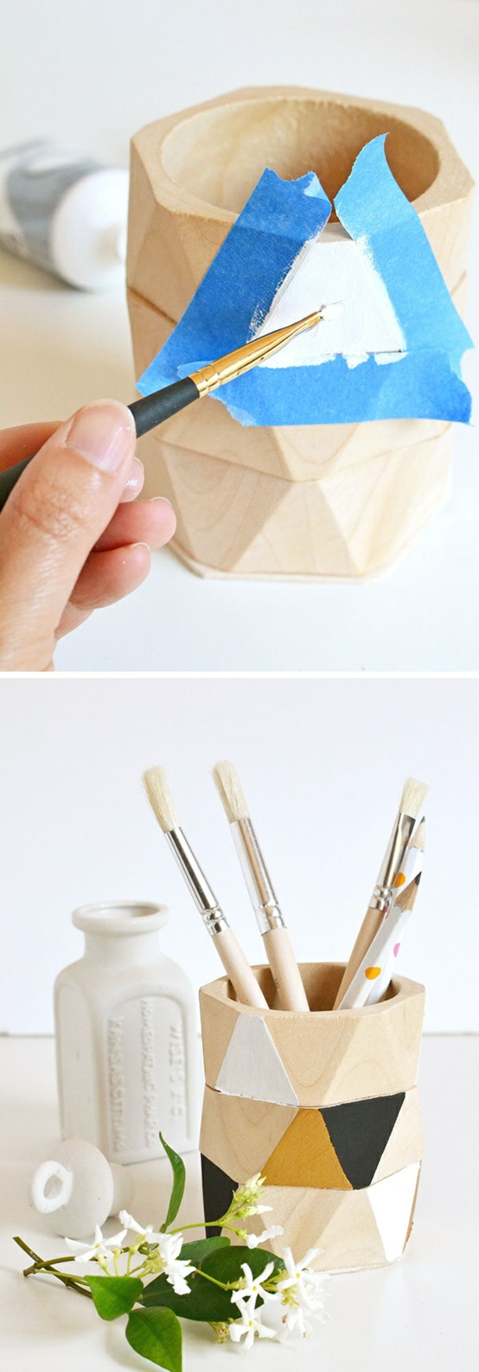 pagaminti ir papuošti patiems mediniams pieštukų laikikliams, lipnia juosta, dažais, šepečiais