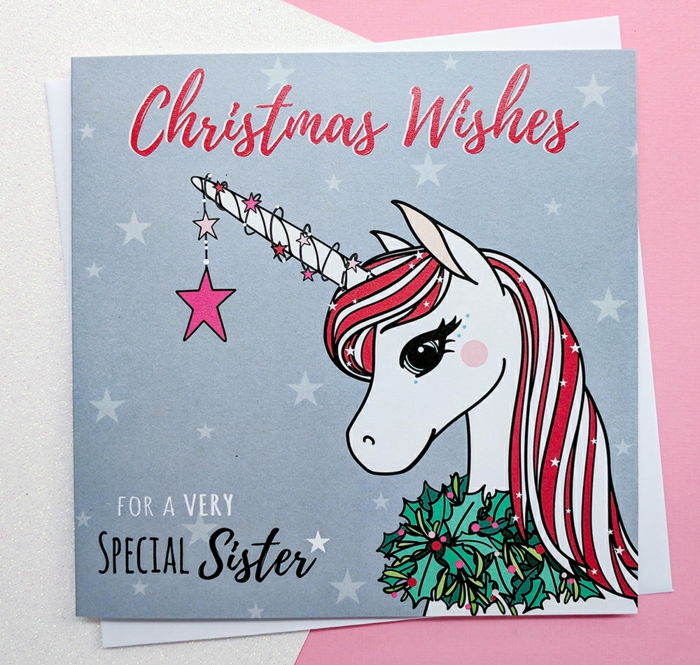 Roztomilá vianočná karta s jednorožcom, gratulujeme k Vianocam, pohľadnicu pre sestru