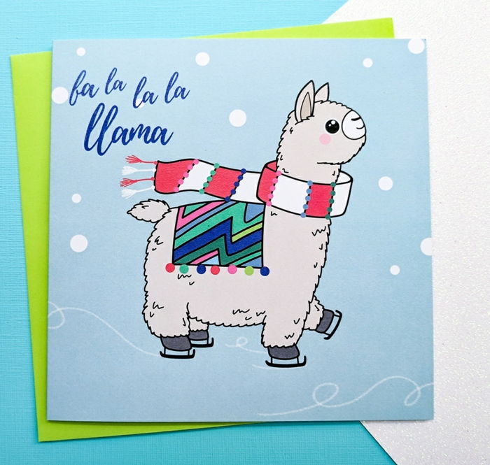 Roztomilá vianočná karta ručne, lama so šatkami, blahoželanie pre deti