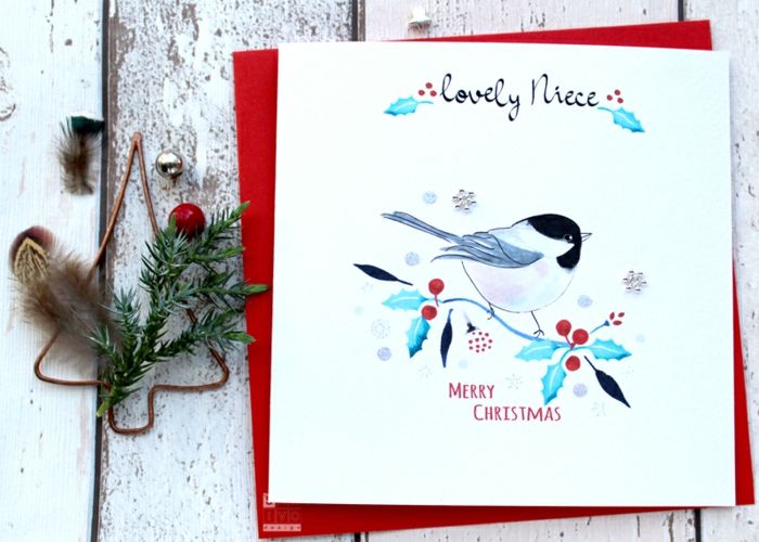Ručne vyrobená vianočná karta, roztomilý malý vták a imelo, pohľadnice pre neter, Veselé Vianoce