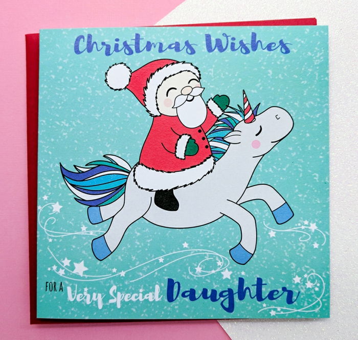 Sladká vianočná karta pre deti, Santa Claus jazdí jednorožec, blahoželanie k dcére