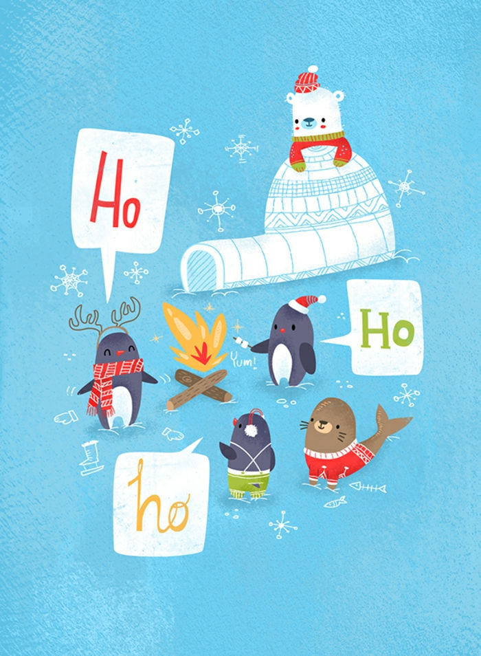 Veselá vianočná karta, Vianoce na južnom póle, ručne kreslené, blahopřání pre deti