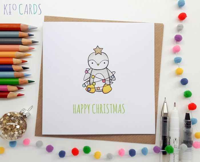 Vianočné karty pre deti, tučniak vianočný strom, farebné veniec a čačky, plné hviezd