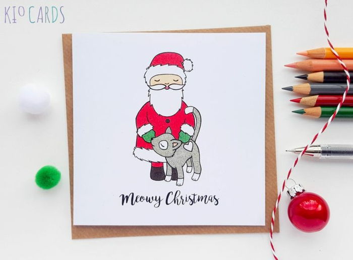 Søte julekort til barn, Julemannen med liten kattunge, håndtegnet