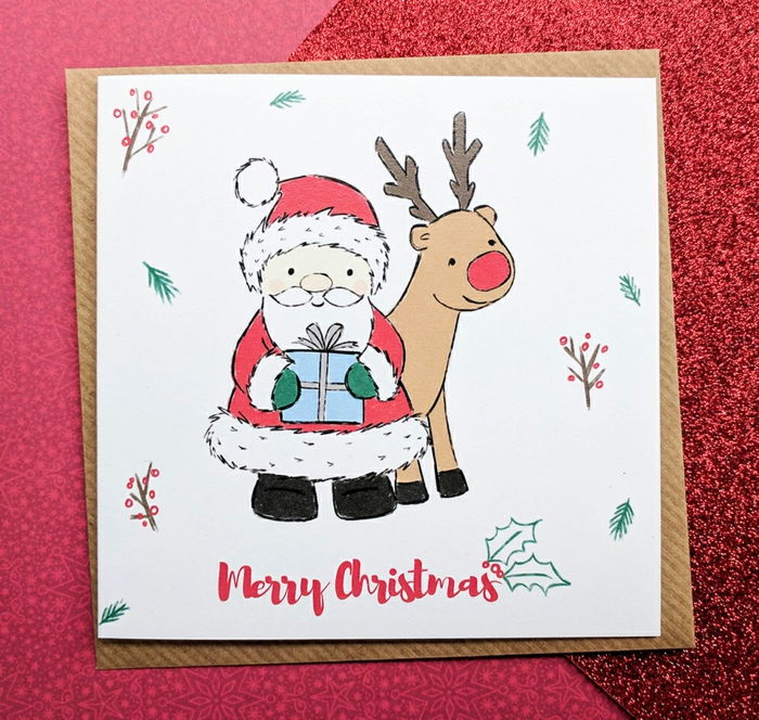Ručne kreslená vianočná karta, Santa Claus a Rudolph, Veselé Vianoce