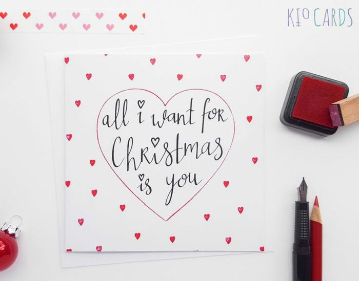 Romantisk julekort, alt jeg ønsker til jul er du, røde hjerter