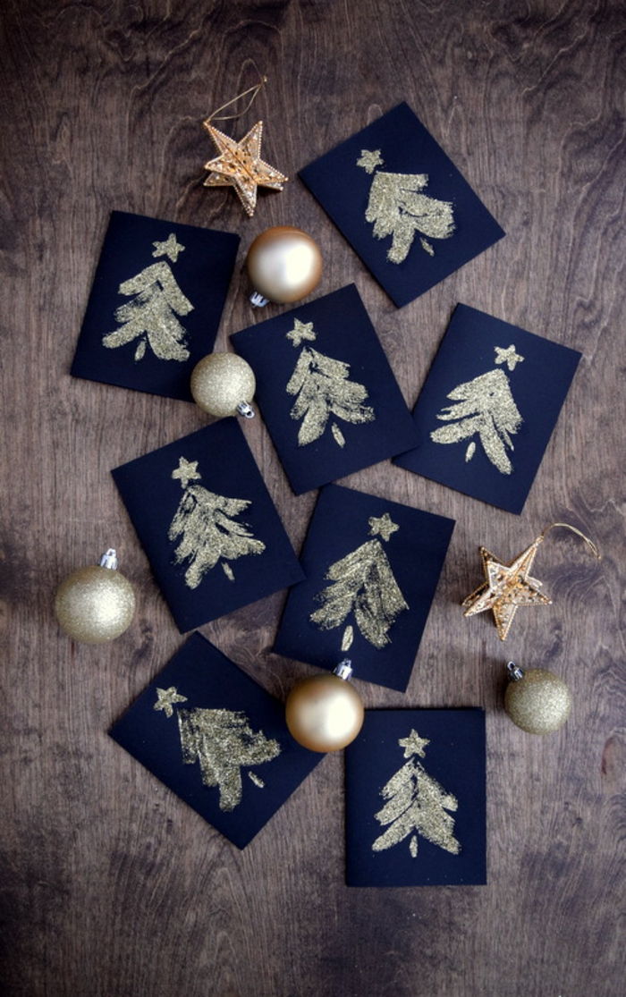 Drotárske vianočné karty sami, zlatý vianočný strom na čiernom pozadí, lepidlo, posypte leskom