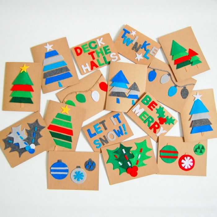 Jednoducho a rýchlo urobte vianočné karty sami, nakrájajte vianočný strom, imela a vianočné stromčeky z plsti