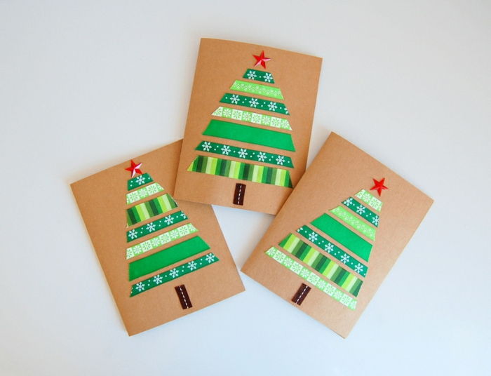 DIY vianočné karty jednoduché a rýchle, Chrstbäumchen zo zelenej Dekoband, držať sa papiera