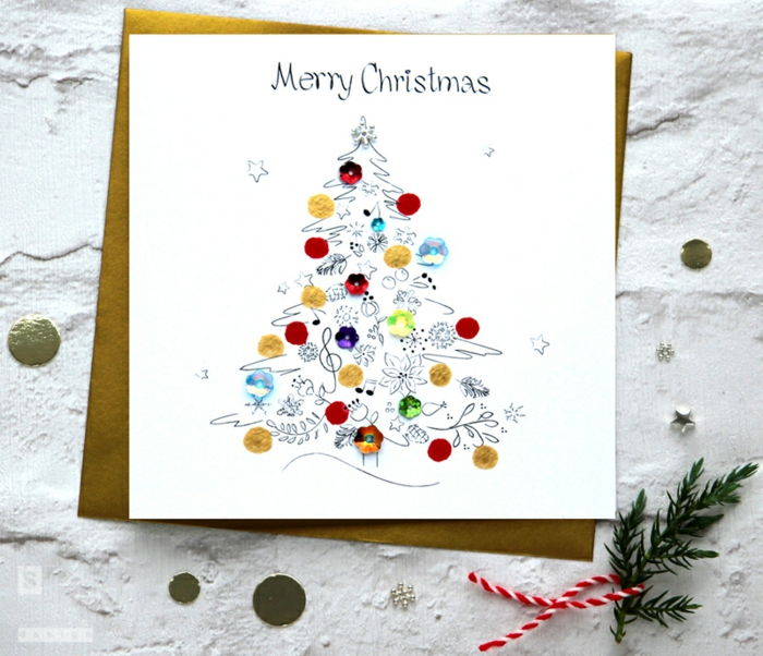 Padarykite nuostabią Kalėdinę kortelę sau, pieškite Kalėdų eglutę su pieštuku, ant jo priklijuokite spalvingas blizgučius
