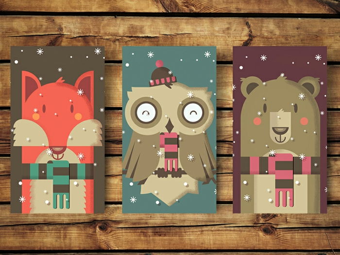 Kreative julekort til barn med rev, eagle ugle og bjørn, små snøflak, søte overraskelser