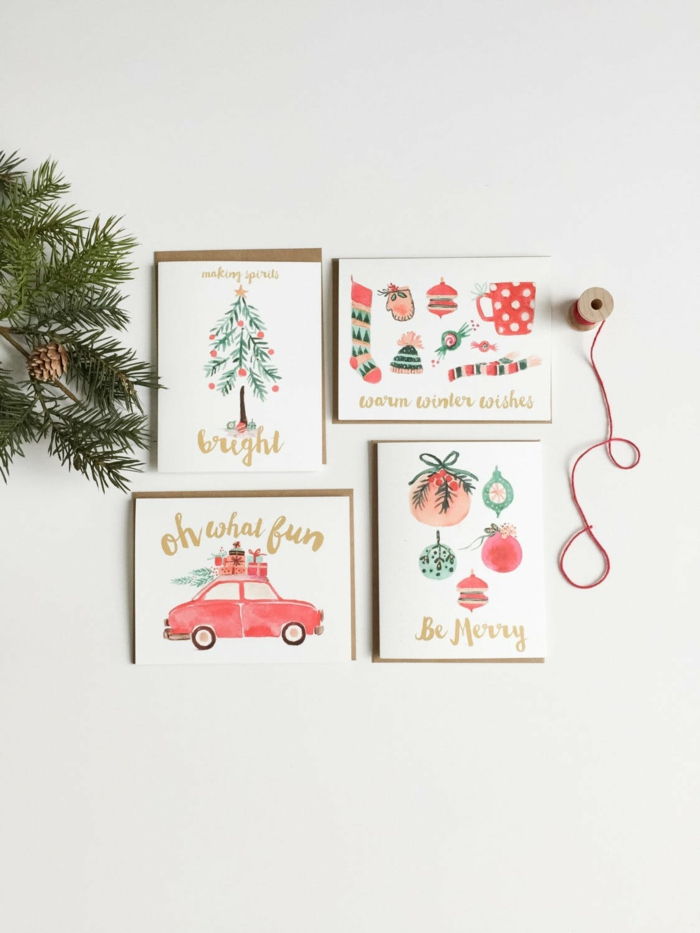 Rankomis pagamintos Kalėdinės kortelės ir eglės šakos su kūgiais, Kalėdiniai amatai vaikams ir suaugusiems