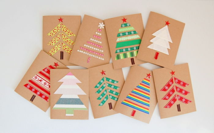 Vytvorte jednoduché a rýchle nápady pre deti na vianočné pohľadnice, vianočné stromčeky z dekorovej stuhy alebo korálky