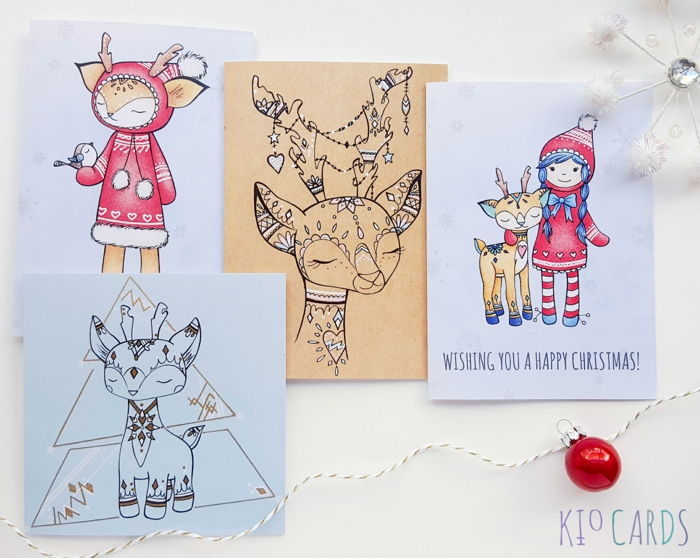Søte julekort med reinsdyr, gratulerer til jul, håndtegnede gratulasjonskort til barn