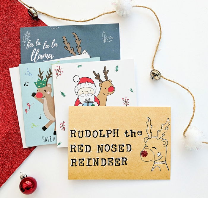 Søte julekort med julemann og Rudolph, små juletre baller