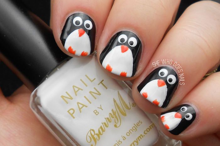 Nail Design Christmas Penguins Black White Manicure Orange Paws Manicure