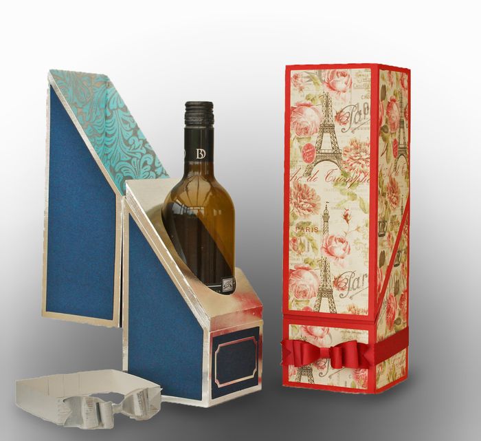 förpackning vinflaskor, vin i papperskorg med parismotiv, present