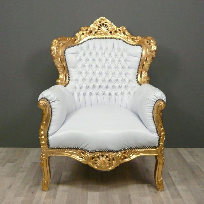 baltos odos fotelis baroko stiliaus aukso rėmo elegantiškas rafinuotas