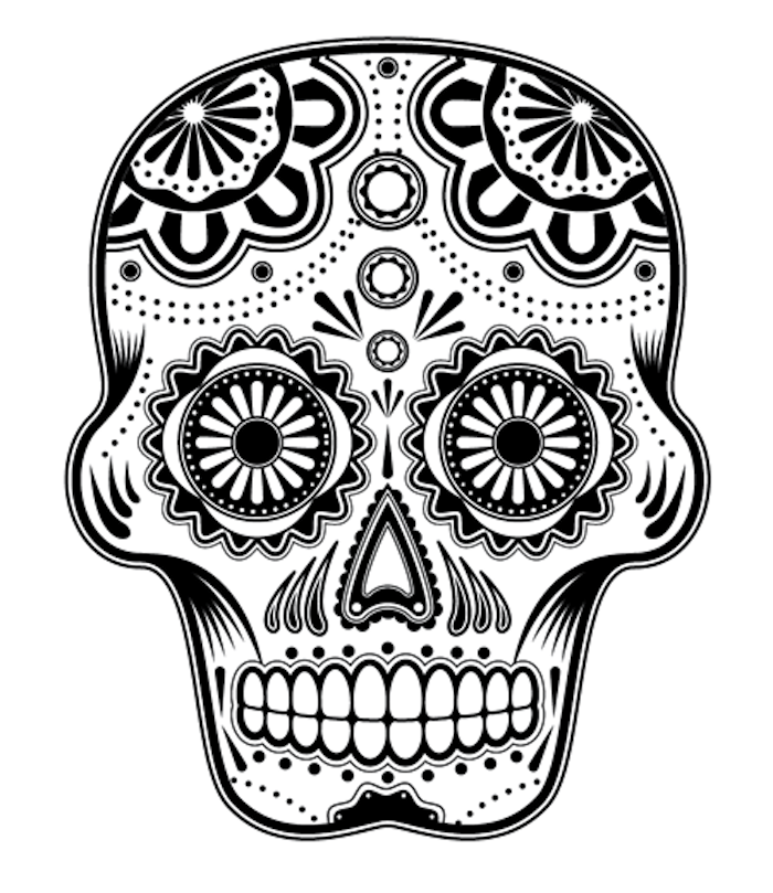 didžioji balta kaukolė su baltais dantukais ir juodomis akimis bei didelėmis ir mažomis gėlėmis - meksikietiška kaukolės tatuiruotė