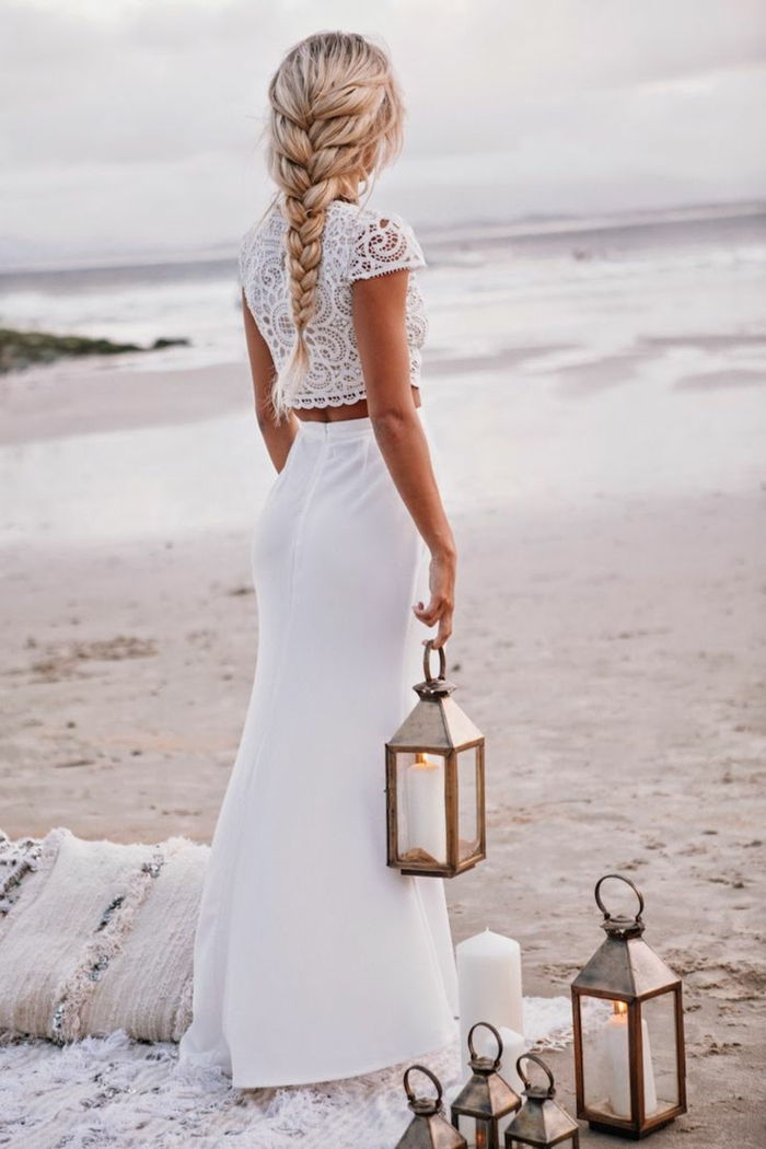 belo-boho-Dress dveh kosov Lace Lantern Candle plaža