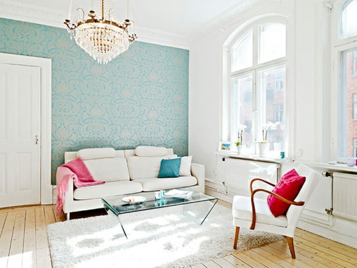 biela obývacia izba interiér-vintage-wallpaper-modrá farba