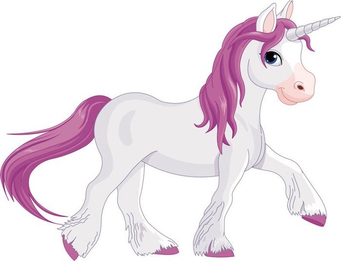 puțin unicorn alb, cu un coamă violet lungă și ochi negri și o coadă purpurie - unicorn imagine