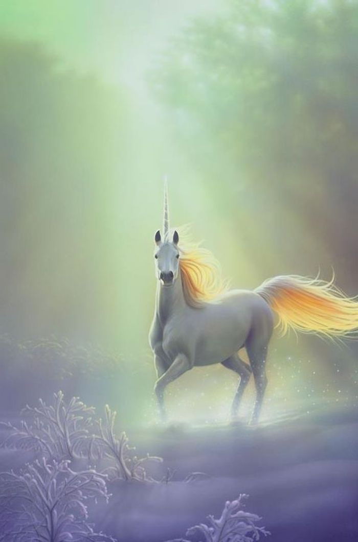Fantasy unicorn bilder - en hvit vill enhjørning med en gul tett mane og et langt horn