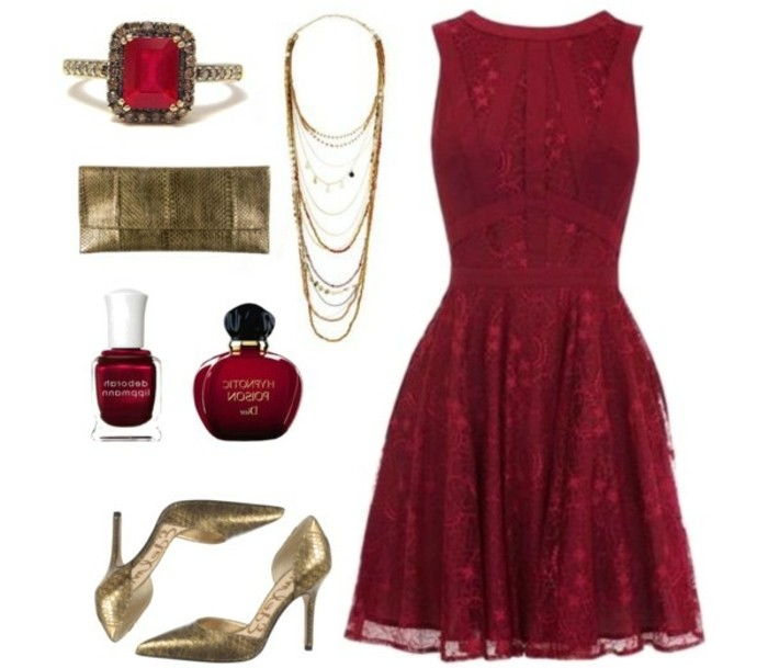 que shoe-cor-de-vermelho-vestido vermelho-e-golden-fuer clássico-elegante look-on-a-party-top-vestido