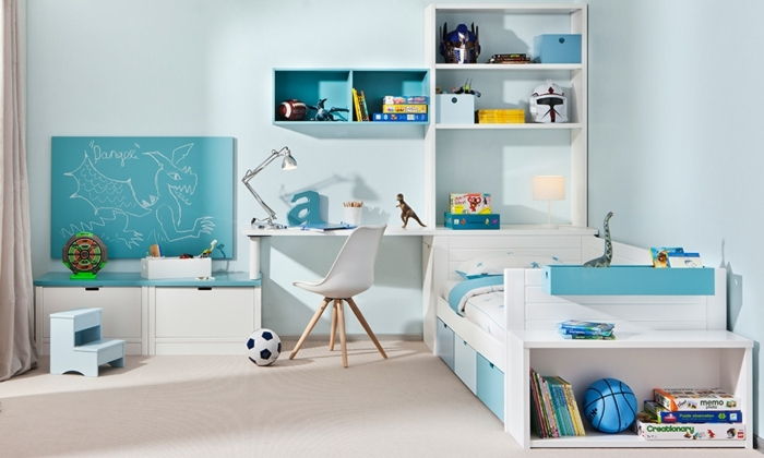 detská izba zariadenie nábytku nábytok a dekorácie v bielej a modrej dragon náter nápad
