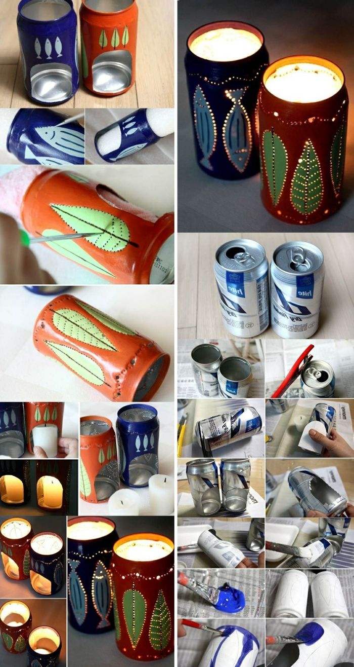 latas coloridas com broca de unhas, tealights diy, cor azul