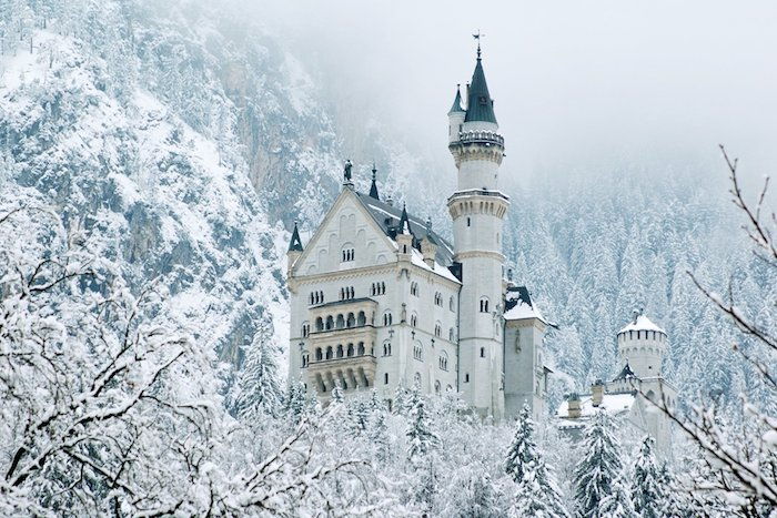 veľký biely hrad s veľkými vežami - zimný les so stromami a snehom