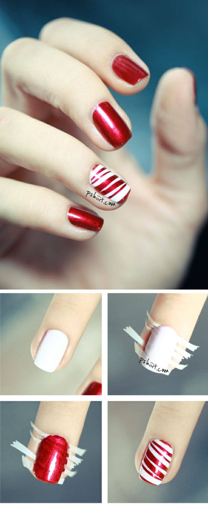 Cool idé för vinterig manikyr med tejp, vita och röda linjer, oval nagelform