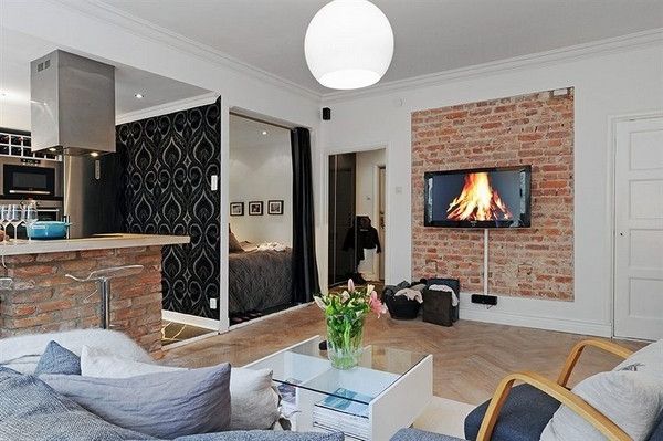 namuose už mažą butą gražus gyvenamasis kambarys-design-with-a-tv