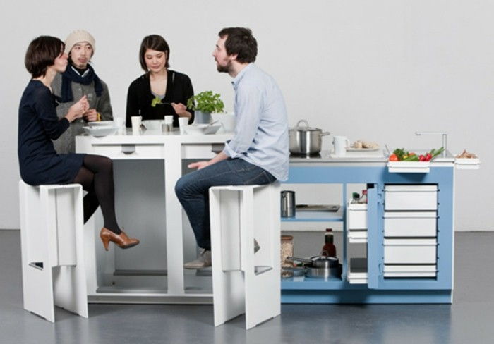 WOHNIDEEN Mutfak beyaz masa-çekme sandalye ve mavi Masa indüksiyon plakası