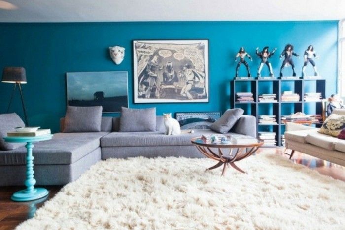 Wohnideen-soggiorno-benzina parete blu-colore e grigio-angolo della moquette divano Shaggy