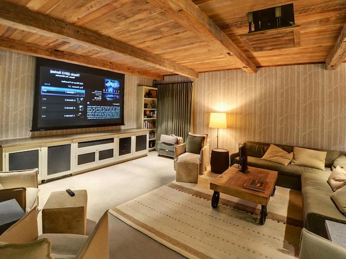 obývacia izba stien domáce kino projekt stenu koberec žltá béžová interiér interiér dizajn doma