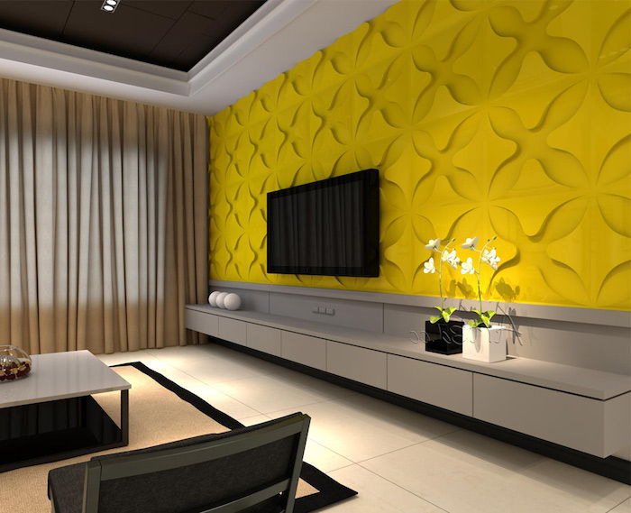 salon wystrój ścian żółty z dekoracjami czarny telewizor białe kwiaty sofa stolik