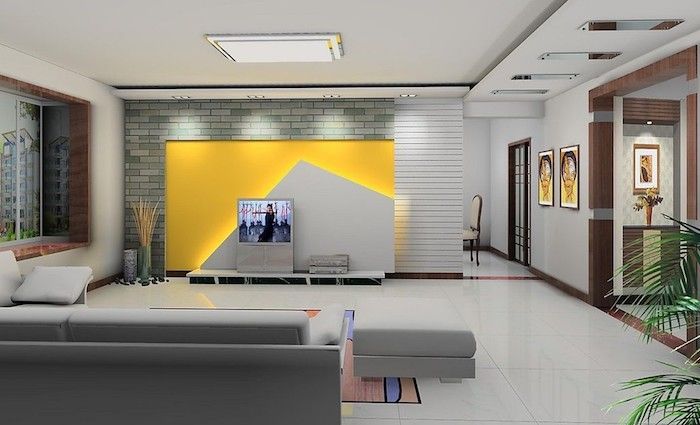 panel tv szary żółty design na ścianę dekoracja ścienna pomysły malowidła szara kanapa taboret ściana kolory