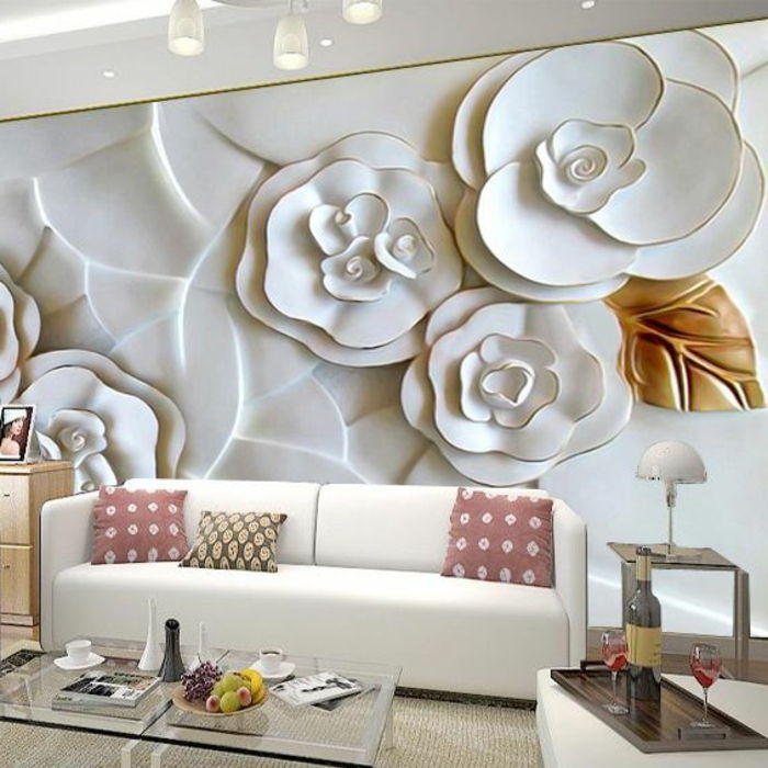 3-D ozadje v beli barvi z cvetnimi motivi za oblikovanje sten v dnevni sobi