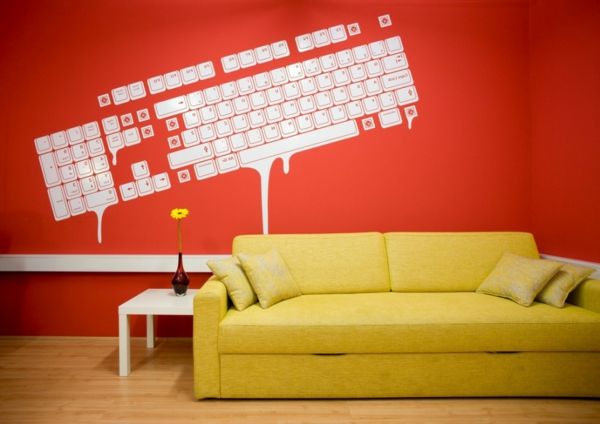 oturma odası-tasarım-salon-set-einrichtugsideen-oturma odası modern duvar tasarım sarı-divan-kırmızı-duvar