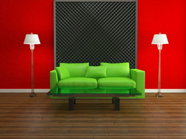 oturma odası-tasarım-salon-set-einrichtugsideen-oturma odası modern duvar tasarım kırmızı duvar yeşil kanepe