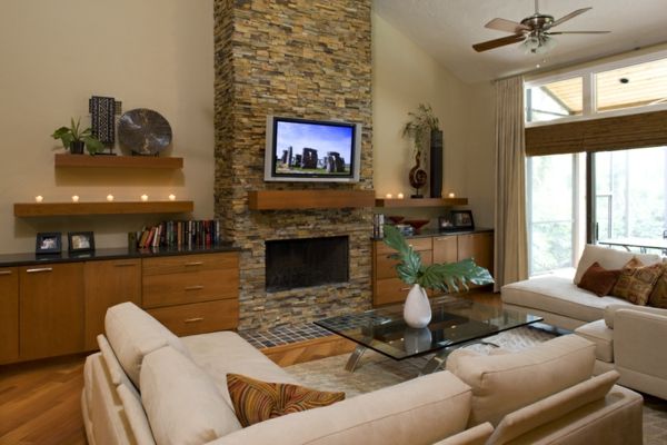 living room-rustykalny kominek z kamienia