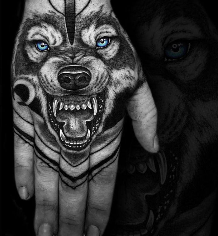 aici este un negru de dinți - lup, cu ochi albaștri frumos - idee pentru un tatuaj lup pe mână
