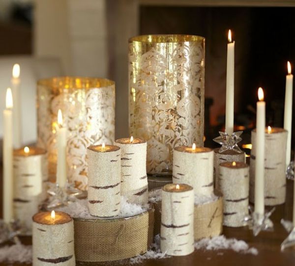 prachtige tafel decoratie-van-berkboomstam kaarsen