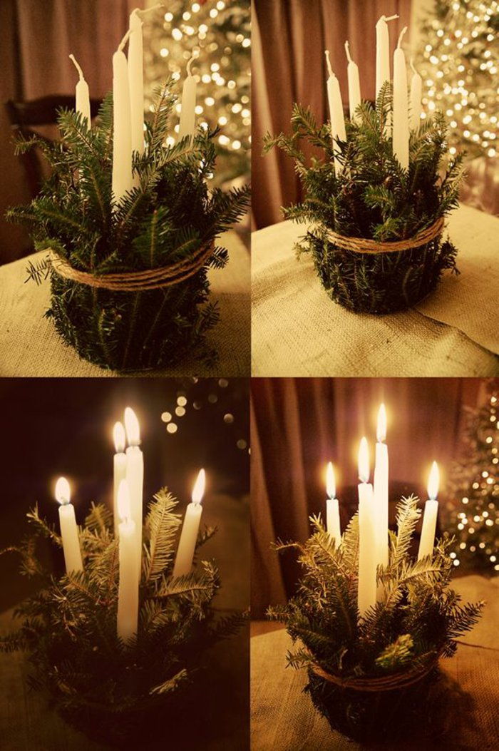 gražus Kalėdų stalo papuošimas juodalksnio šakos Žvakės