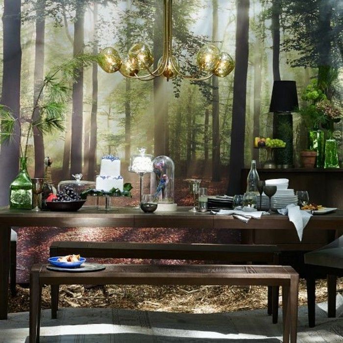 frumos sala de mese masă de interior din lemn Banca fantezie-wanddeko-elegant-tapet-Forest imagine